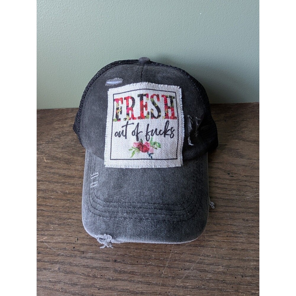 Women's 'Fresh Out of F*cks' Trucker Hat Mesh Cap Black Ponytail Strap Back